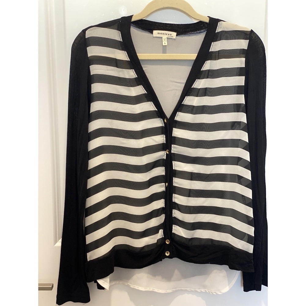 Monteau Los Angeles Small Black & White Striped Sheer & Knit Cardigan Unique